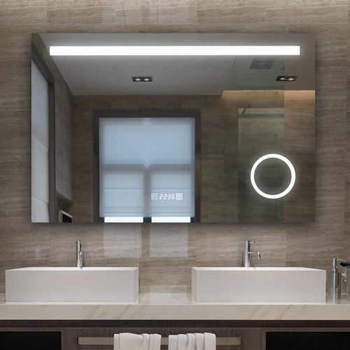 LED Badspiegel 100x70cm Badezimmerspiegel Wandspiegel mit Beleuchtung Rechteck Beschlagfrei Kaltweiß 3Fach Vergrößerung Uhr MI