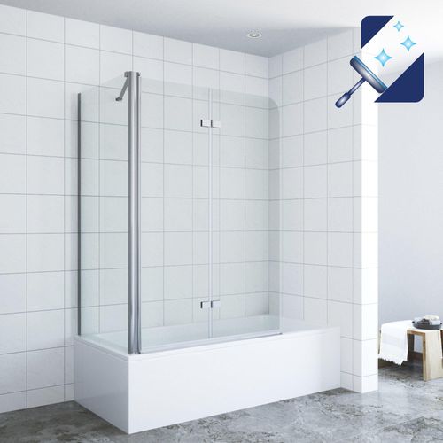 Badewannenaufsatz mit Seitenwand 100x75x140cm Badewannenfaltwand Duschtrennwand Badewanne aus Sicherheitsglas 5mm mit Lotuseffekt Beschichtung