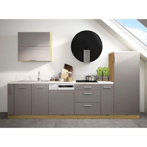 Küchenzeile KVANTUM Mansardenküche 305cm Teilauszug Eiche Artisan beige