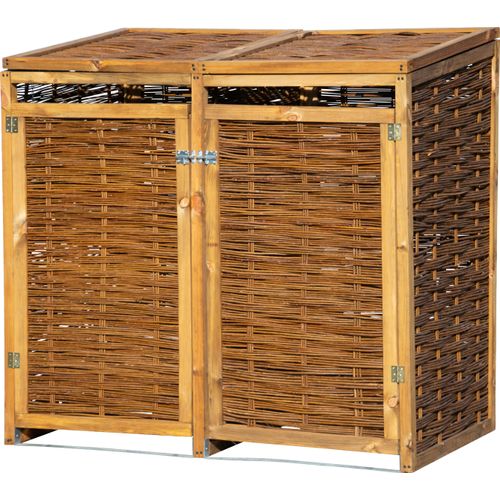 dobar Wetterfeste Doppel-Mülltonnen-Box aus Holz, aufklappbares Mülltonnen-Versteck für zwei 240l Tonnen, ungeschälte Weide, braun, 137 x 83 x 132 cm