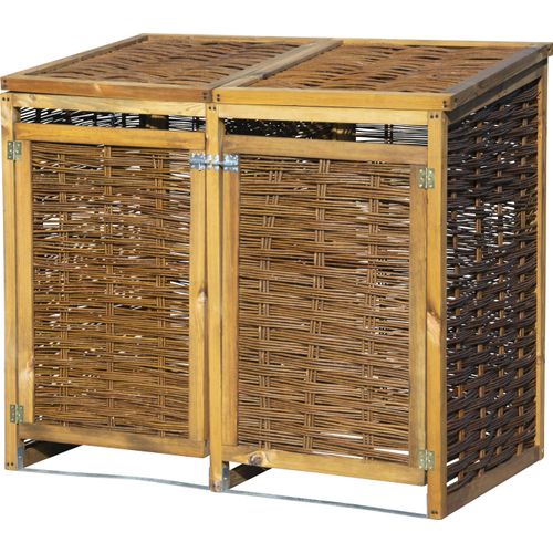 dobar Wetterfeste Doppel-Mülltonnen-Box aus Holz, aufklappbares Mülltonnen-Versteck für zwei 120l Tonnen, ungeschälte Weide, braun, 125 x 80 x 115 cm