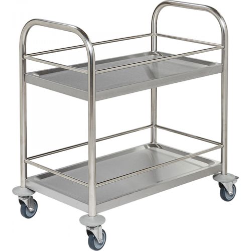 Kongamek kleiner Edelstahl- Tischwagen rostfrei mit 2 Böden 665x365mm mit Umrandung und Bremse