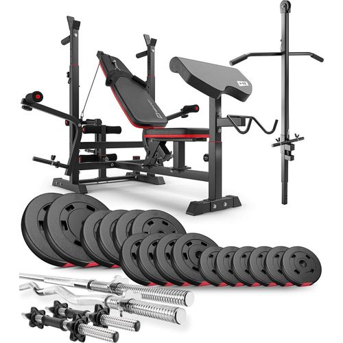 Hop-Sport Hantelbank HS-1075 - mit Curlpult und Latzug - inkl. 75 KG Hantelset Lang-, Curl- & Kurzhantelstange, Gewichte