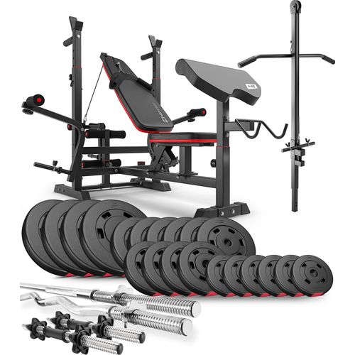 Hop-Sport multifunktionale Hantelbank HS-1075 - mit Curlpult und Latzug - inkl. 105 KG Hantelset Lang-, Curl- & Kurzhantelstange, Gewichte