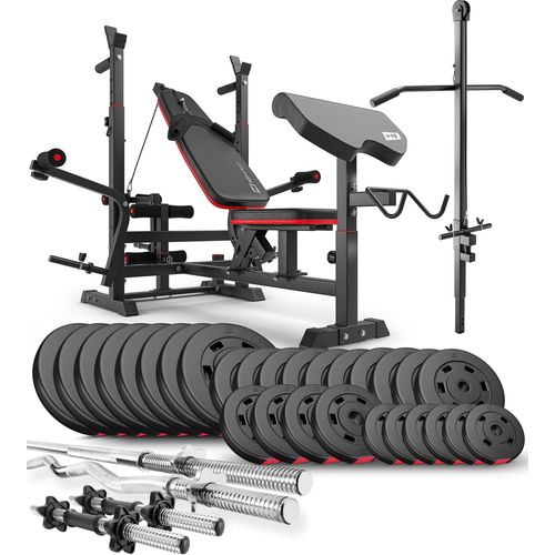 Hop-Sport multifunktionale Hantelbank HS-1075 - mit Curlpult und Latzug - inkl. 165 KG Hantelset Lang-, Curl- & Kurzhantelstange, Gewichte