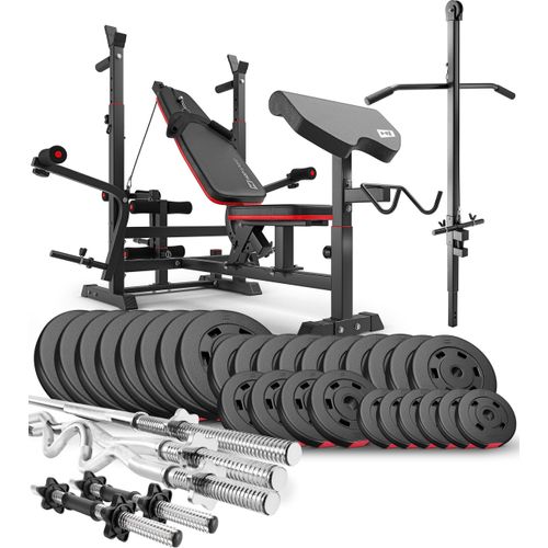 Hop-Sport multifunktionale Hantelbank HS-1075 - mit Curlpult und Latzug - inkl. 173 KG Hantelset Lang-, SZ Curl-, Super SZ Curl- & Kurzhantelstange, Gewichte