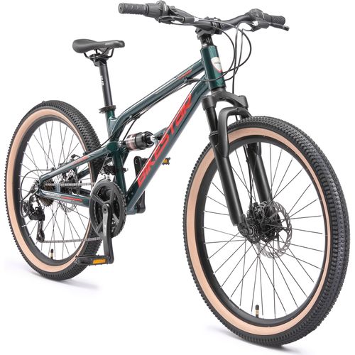 BIKESTAR Alu Kinder Jugend Mountainbike Vollgefedert, 21 Gang Shimano, 24 Zoll ab 9 - 10 Jahre | Fully MTB Scheibenbremse | Grün