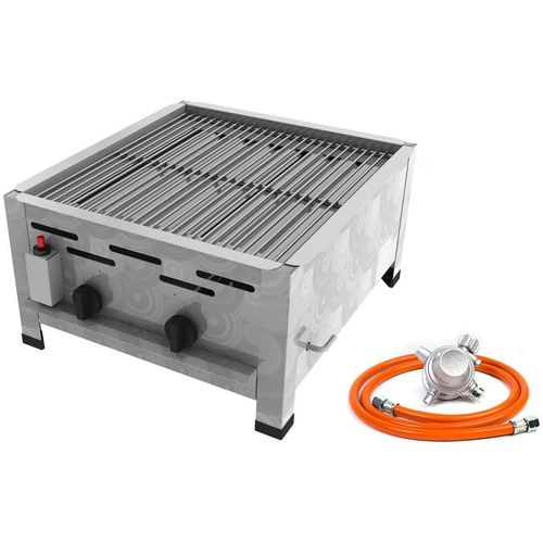 Gastro Edelstahl Gasbräter 2 flammig 9,0 KW mit Grillrost f. Propangas + Gasschlauch, Gewerberegler + SBS (Kocher - Wurstbräter, Gasgrill Gastrokocher, Gasherd, Bräter, Gril)