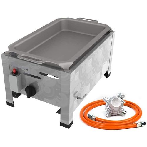 Gastro Edelstahl Gasbräter 1 flammig 3,6 KW mit Stahlpfanne f. Propangas + Gasschlauch Gewerberegler + Schlauchbruchsicherung (Gastronomie-Gastro Gasgrill Gasherd, Bräter, Grill)