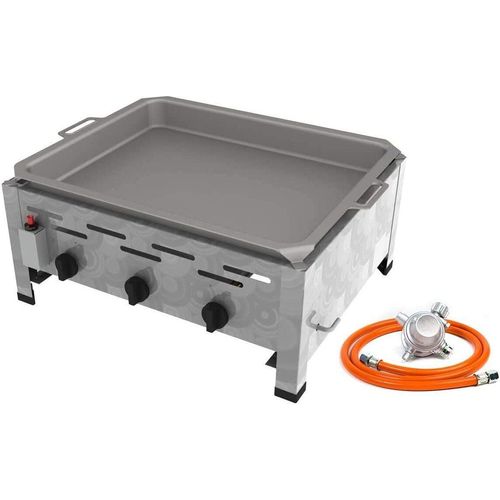 Gastro Edelstahl Gasbräter 3 flammig 13,5 KW mit Stahlpfanne f. Propangas + Gasschlauch Gewerberegler + SBS (Gastro Kocher, Gasgrill Gastrokocher, Gasherd, Bräter, Grill)