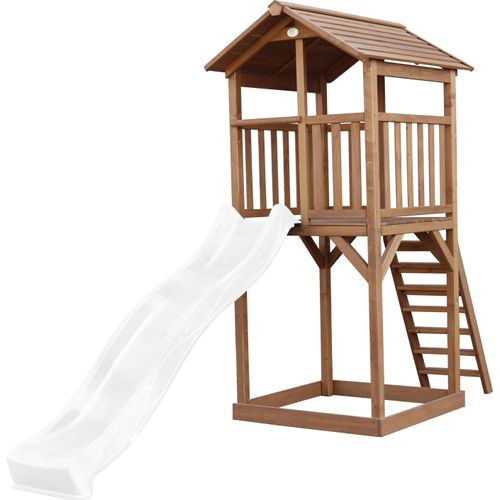 AXI Beach Tower Spielturm aus Holz in Braun | Spielhaus für Kinder mit weißer Rutsche und Sandkasten | Stelzenhaus für den Garten