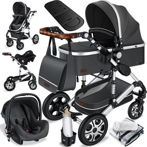 KESSER® Loops 3 in 1 Kinderwagen Kombikinderwagen Komplettset incl. Babywanne & Buggy Sportsitz & Auto-Babyschale - Voll-Gummireifen - Wickeltasche/Regenschutz/Kindertisch Set