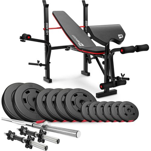 Hop-Sport zusammenklappbare Hantelbank HS-1055 mit Curlpult, Butterfly und Beincurler Inkl. 38 kg Hantelset Lang- & Kurzhantelstange