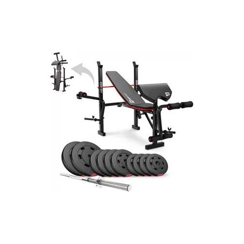 Hop-Sport zusammenklappbare Hantelbank HS-1055 mit Curlpult, Butterfly und Beincurler Inkl. 59 kg Hantelset + Langhantelstange