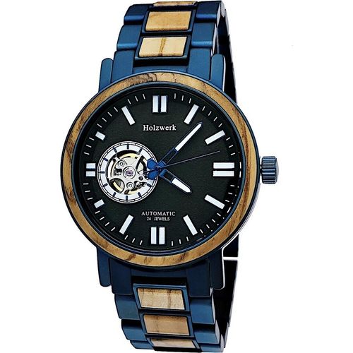Holzwerk COBURG Herren Edelstahl & Holz Automatik Uhr in Blau Braun Schwarz Weiß