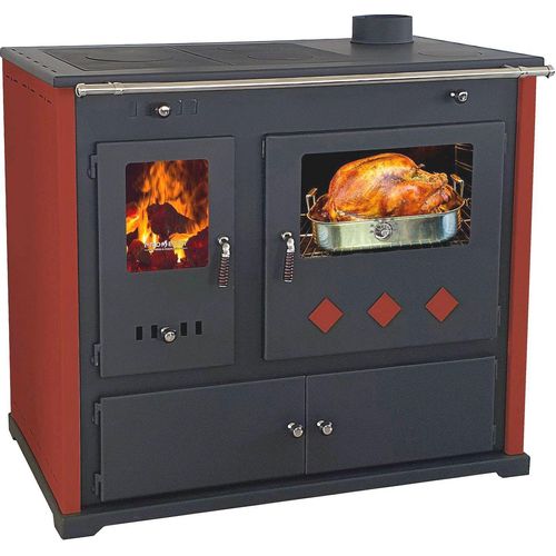 Kaminofen mit Backfach und Herdplatte Pracktik Lux Rot Holzofen 9,5 kW Kamin Ofen Dauerbrandofen Werkstattofen Schwedenofen Hüttenofen Heizofen