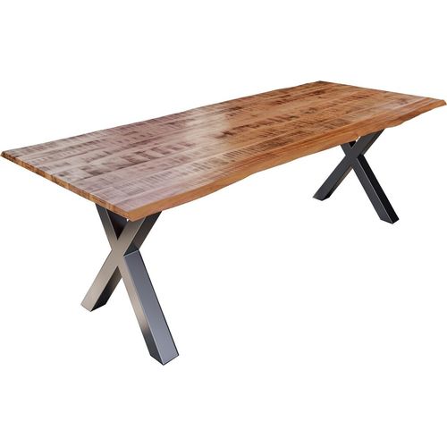 Esstisch Baumkante Massiv Mango naturfarben 280 x 100 silber X-Gestell DORA