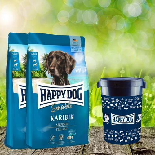 Happy Dog Supreme Karibik 2 x 11 kg + Happy Dog Futtertonne 43 Liter