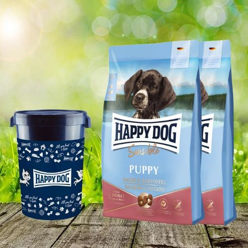 Happy Dog Sensible Puppy Lachs & Kartoffel 2 x 10 kg + Happy Dog Futtertonne 43 Liter geschenkt