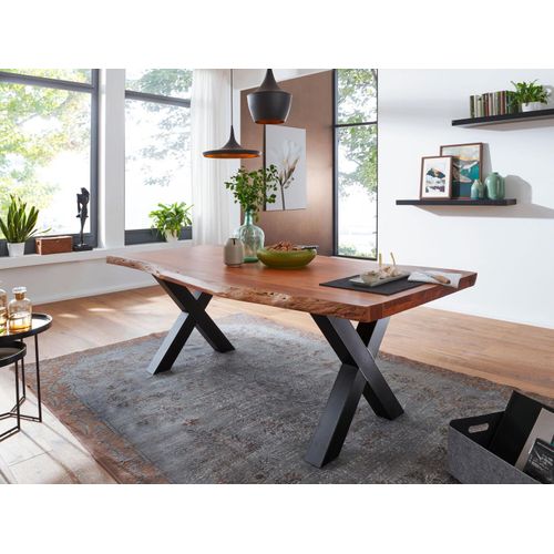 Tisch 160x90 Akazie Natur Baumkante X-Fuß Schwarz