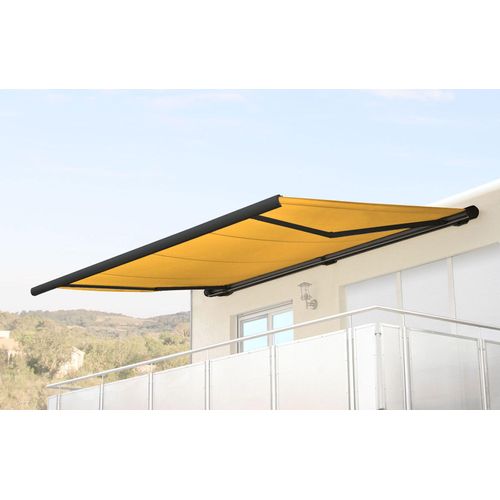 Elektrische Kassettenmarkise T124, Markise Vollkassette 5x3m Polyester gelb, Rahmen anthrazit