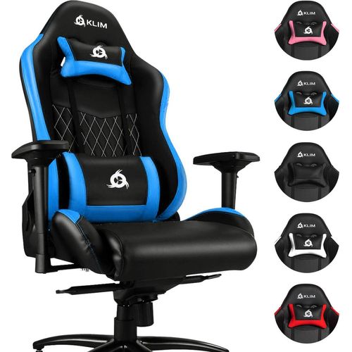 KLIM Esports Gaming Stuhl + Mit Lenden- und Nackenstütze + Verstellbar Gaming Sessel + Ergonomisch PC Stuhl + Kunstleder und Premium-Materialien + Blau Gamer Stuhl Gaming Chair