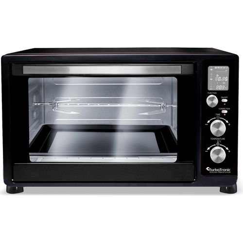 TurboTronic Minibackofen mit Umluft und Drehspieß 45 Liter, Schwarz, inkl. 2x Backblech, 2000W Mini Tisch Backofen Camping Pizzaofen Klein / Groß digital