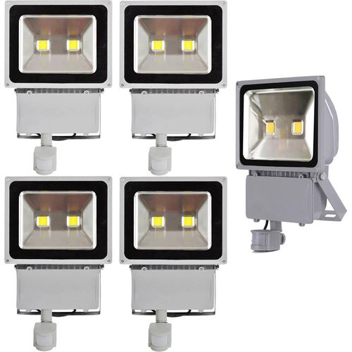 Greenmigo 5x 100W LED Strahler Fluter + Bewegungsmelder Kaltweiß kaltweiss Objektbeleuchtung Außenstrahler Wandstrahler Flutlichtstrahler Scheinwerfer Gartenlampe IP65 85V-265V