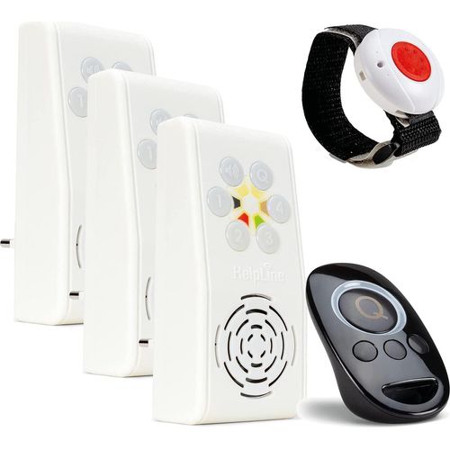 HelpLine 230 Senioren Sicherheitspaket 7 PLUS: Hausnotruf mit Notrufarmband, 3 Funk-Empfängern und Quittierungssender für häusliche Pflege; Notrufsystem mit SOS Notruf Armband