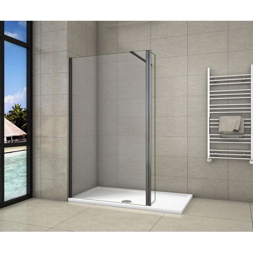 Schwarz Walk in Duschkabine 130x200cm Duschwand mit 40x200cm Flipper Panel +140cm Stabilisator 8mm Nano-ESG Duschtrennwand F130B