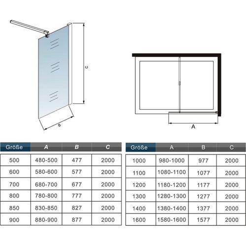 Schwarz 8mm Nano+ESG walk in Duschtrennwand Duschwand 70X200cm mit einstellbar Stabilisator 73-120cm