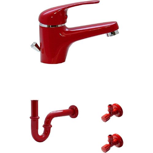 Waschtisch Bad Wasserhahn Armatur Siphon 2 Eckventile Rot