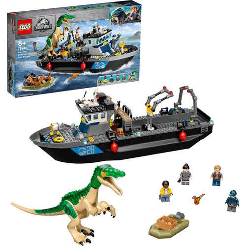 LEGO 76942 Jurassic World Flucht des Baryonyx, Dino Spielzeug mit Schnellboot für Jungen und Mädchen, Geschenkideen für Kinder, Dinosaurier Figuren