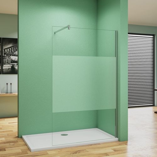 Walk in Duschkabine 110x200cm mit Befestigungsstange die Klemme F Form: 90cm Milchglasstreifen Duschabtrennung 8mm Nano ESG-Glas