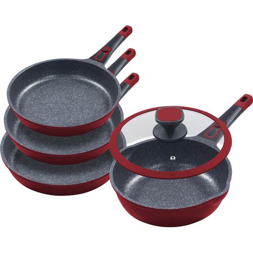 5tlg. Profi-Bratpfannenset »Moonscape 4er« ROT Bratpfannen flach (Ø20cm Ø24cm Ø28cm) + Bratpfanne tief (Ø24cm) mit Glasdeckel