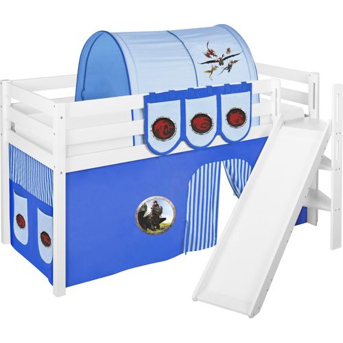 Spielbett JELLE 90 x 200 cm Dragons Blau - Hochbett LILOKIDS - Weiß - mit schräger Rutsche und Vorhang