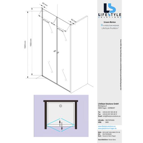 Glaszentrum Hagen - 110x195cm Nischentür Pendeltür - 6mm - ESG Glas - Hebe & Senkmechanismus