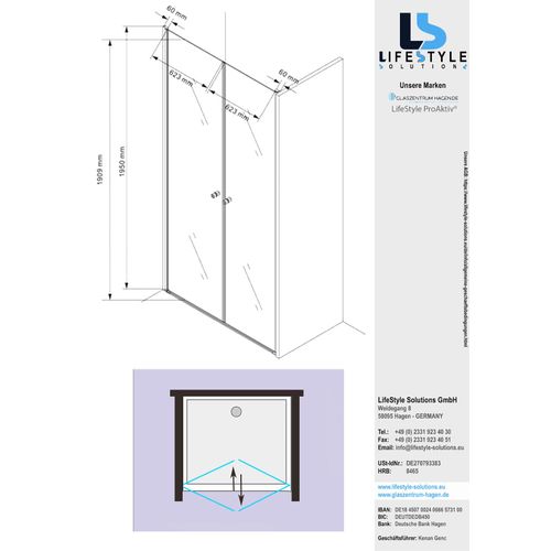 Glaszentrum Hagen - 140x195cm Nischentür Pendeltür - 6mm - ESG Glas - Hebe & Senkmechanismus