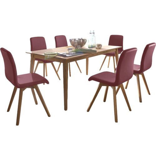 Essgruppe Massivholz Dalia Esstisch mit 6 Stühlen massiv Holz Wildeiche/Weinrot 12014
