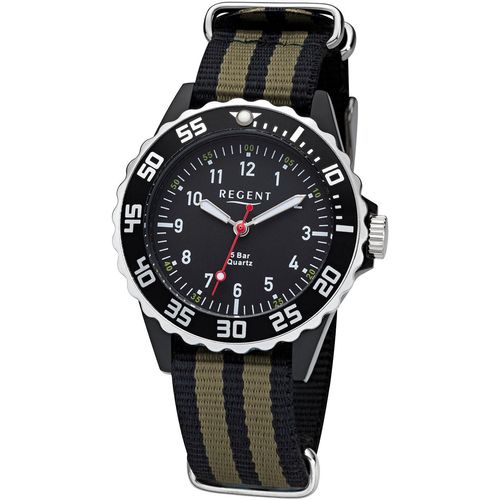 Quarzuhr REGENT, schwarz (schwarz, olivgrün), Armbanduhren, Kinder, Armbanduhr, Kinderuhr, Lernuhr, Jungen, Schulanfang, Geschenkidee