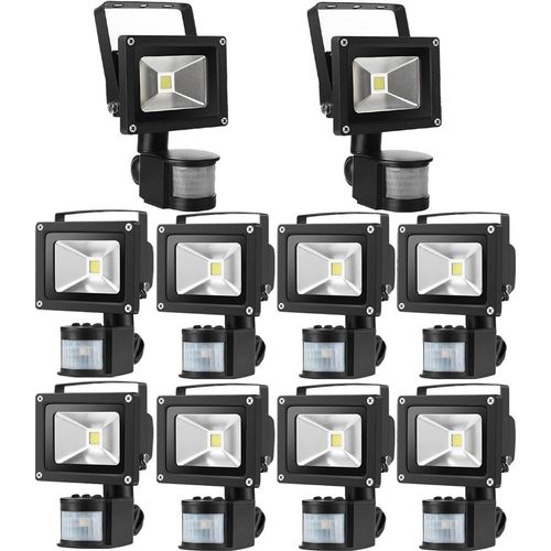 Greenmigo 10x 10W Fluter + Bewegungsmelder Strahler Warmweiß Schwarz Aluminium Gehäuse IP65 Wasserdicht LED Lampe Wandleuchter Flulicht Flutbeleuchtung LED Gartenlampe Außenstahler
