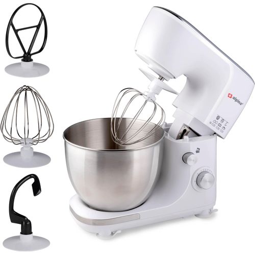 alpina Küchenmaschine - 3 Zubehörteile - Edelstahlschüssel - Schüsselbeleuchtung - Kneten, Mixen, Schneebesen - Weiß
