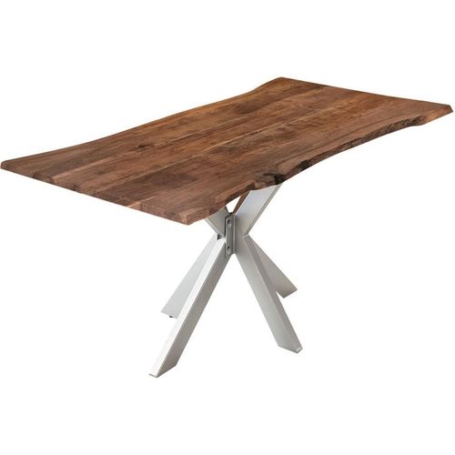Esstisch Baumkante massiv Akazie nussbaum 140 cm Spider-Gestell silber HELENE