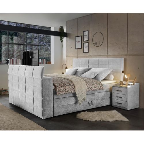 Boxspringbett 180x200 cm, mit TV-Halterung, mit Bettkasten, Hotelbett in silver DURAZNO-09