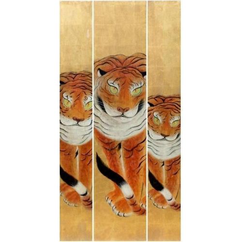Fine Asianliving Handgemachte 3 Tiger-Gemälde aus Blattgold B79xH160cm