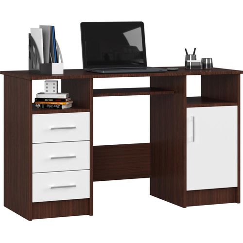 Schreibtisch Ana, Tastaturablage, 3 Schubladen, 1 Ablagefach mit Tür, 2 offene Ablagefächer, B124 x H74 x T52 cm, 45 kg Farbe: Dunkelbraun, Weiß