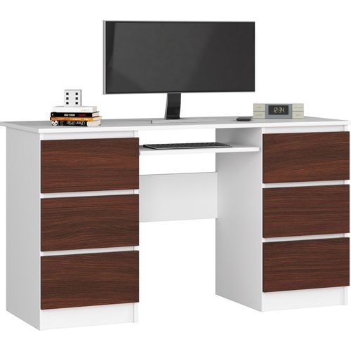PC-Schreibtisch AKORD A11 Weiß mit 6 Schubladen Front Wenge B135 x H77 x T50 cm