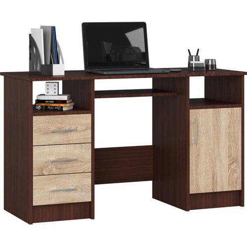 Schreibtisch Ana, Tastaturablage, 3 Schubladen, 1 Ablagefach mit Tür, 2 offene Ablagefächer, B124 x H74 x T52 cm, 45 kg Farbe: Dunkelbraun, Hellbraun