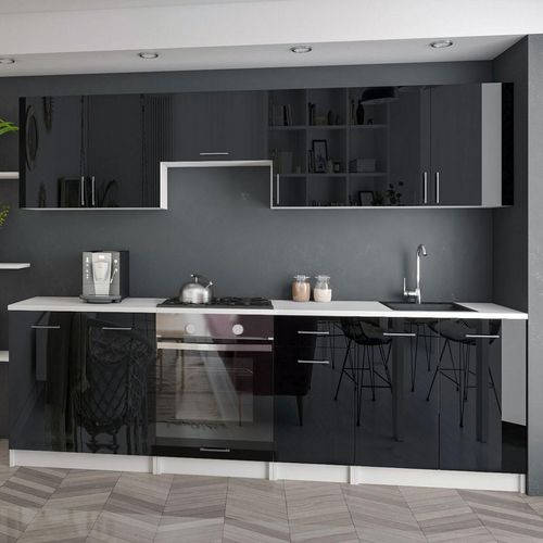 KÜCHE KÜCHENZEILE KÜCHENBLOCK MODERN 240 CM Einbauküche schwarz Hochglanz