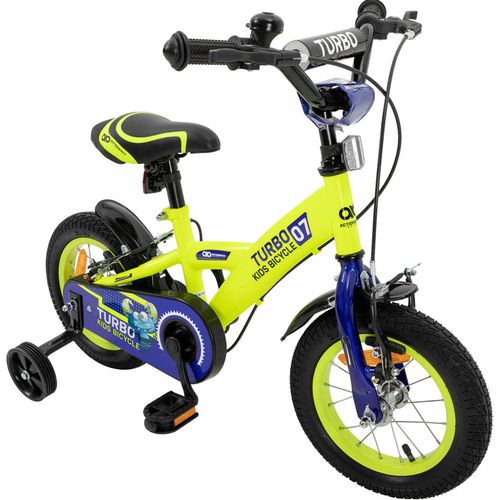 Actionbikes Kinderfahrrad Turbo 12 Zoll | Kinder Fahrrad - V-Brake Bremsen - Kettenschutz - Lenkerschutz - Stützräder - 2-5 Jahre (Gelb/Blau)